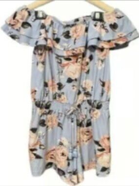 Hot Kiss Blue Floral Shorts Romper One Piece On/Off Shoulder Short Sleeves Large